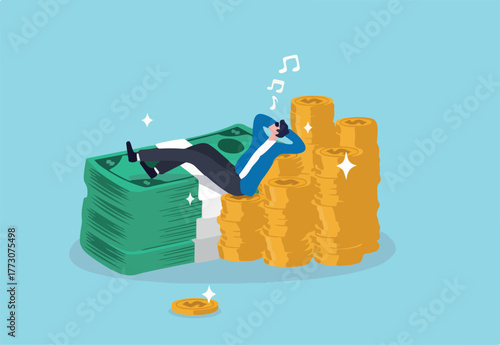 Rich man with his wealth, success businessman earn investment profit, FIRE, financial independence retire early concept, rich happy businessman lay down singing on pile of money coins and banknotes.