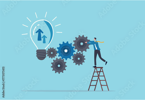 Process improvement, adjustment to improve efficiency or productivity, project progress or development to increase performance concept, businessman put gear into system to improve development process.