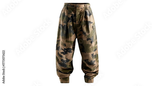 PNG of Stylish unisex camo cargo pants with a loose fit, perfect for streetwear or outdoor activities.