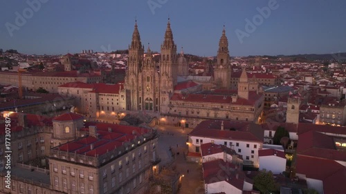 Aerial view of famous Cathedral of Santiago de Compostela. Travel destination of Camino de Santiago in Galicia, Spain.