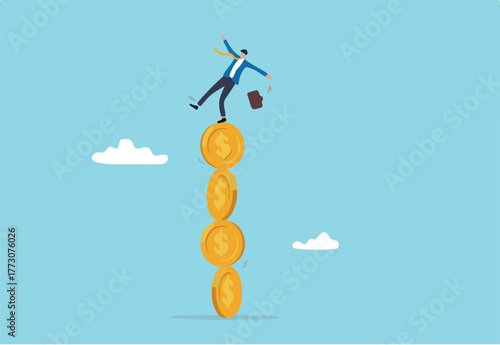 Financial instability, uncertainty or unstable investment market, risky situation or economic recession, crisis or bankruptcy concept, businessman investor falling from stack of unstable money coins.