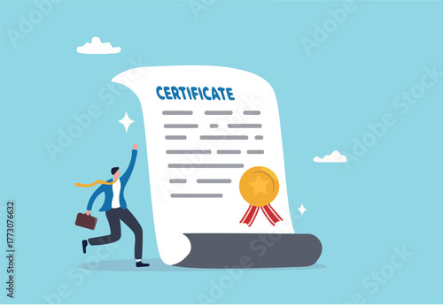 Certificate on taking course, award for excellent work or diploma document, license stamp or education certified guarantee concept, happy businessman with star certificate paper for work achievement.