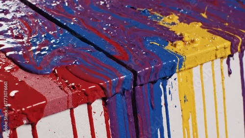 Vibrant paint drips on a canvas, showcasing a colorful abstract art creation in progress