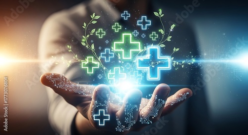 Hand holding glowing green and blue plus signs with plant leaves, representing healthcare and wellness