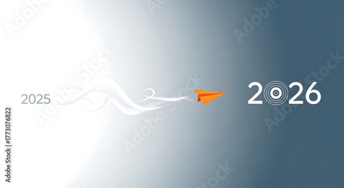 Orange paper airplane flying from 2025 to 2026, symbolizing progress and the transition to the new year