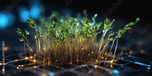 Macro representation of a modern bio-tech concept in a form of glowing data streams flowing around root hairs, representing hi-end bio-technology concept.