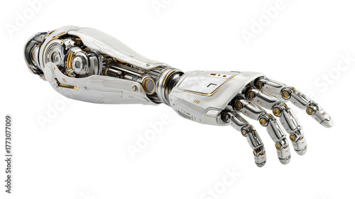 An elegant white and gold robotic arm, a futuristic and advanced prosthetic hand, a concept of high-tech bionic technology and artificial intelligence, an isolated 3d render on a white background.