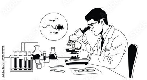 Scientist using a microscope to examine sperm cells in a laboratory setting