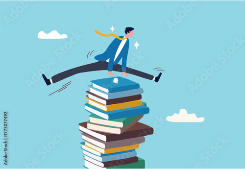 Education or knowledge, challenge to read books or study new skill, wisdom or intelligence for career opportunity concept, smart businessman jump over high books stack.