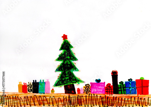 Children drawing of alone Christmas tree and lots of gifts. New Year holiday