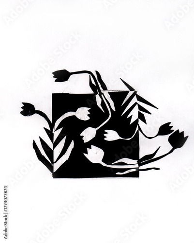 Abstract black drawing on white background. Black flowers drawn in square