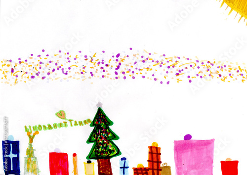 Children drawing of alone Christmas tree and lots of gifts. New Year holiday