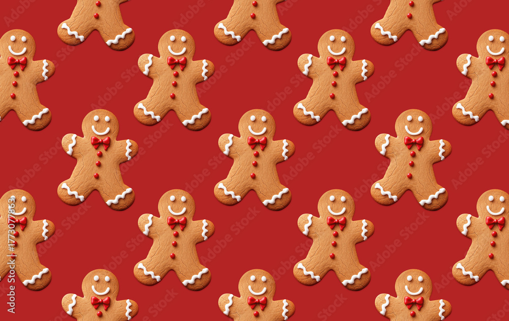 Obraz premium Seamless pattern of smiling gingerbread men with red bows on a light red background. Festive wallpaper ideal for Christmas backgrounds, wrapping paper, and holiday themes.
