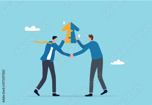 Joint venture business partnership agree to share resource and work together to achieve same goal, merge or acquisition, cooperation concept, businessman handshake connect growth arrow jigsaw puzzle. 