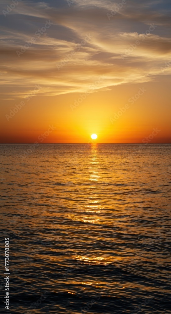 Fototapeta premium A breathtaking golden hour sunset painting the wide sky above the calm ocean water, where the natural horizon line separates the elements perfectly ,nature ,peaceful ,outdoor