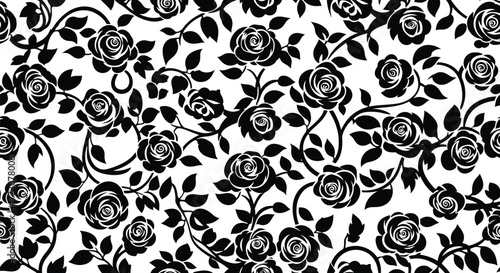 A seamless pattern of black roses and leaves on a white background, creating a decorative floral design.