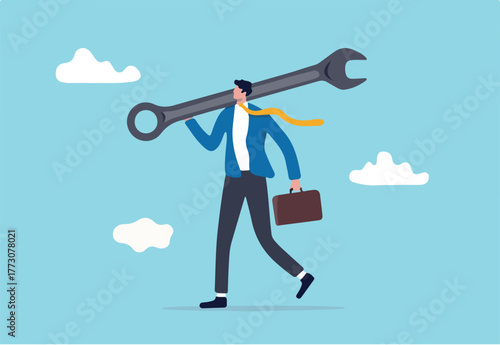 Fix business problem, help resolve problem, improve business in downturn or crisis management concept, smart businessman carrying big wrench metaphor of fixing problem.