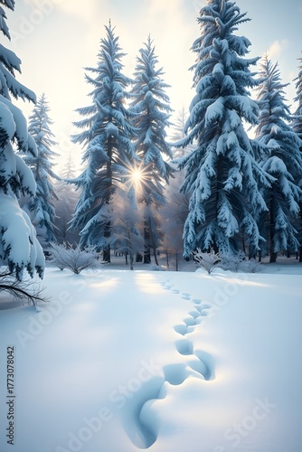 Peaceful winter wonderland with frosty pine trees and golden morning light