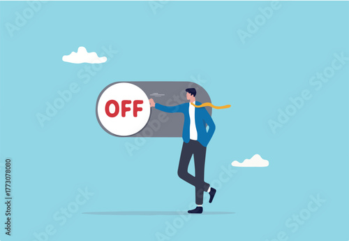 Switch off or turn off setting preference, analytics control panel or power shutdown electricity, saving energy and ecology concept, businessman pushing switch to be off in control panel dashboard.