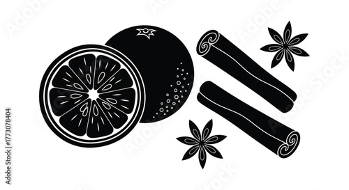 An orange slice, whole orange, cinnamon sticks, and star anise are arranged on a white background for a festive drink.