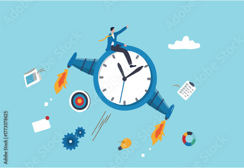 Improve productivity or efficiency, time management to finish within deadline, performance improvement or success concept, businessman riding fast flying clock with jetpack increasing productivity.