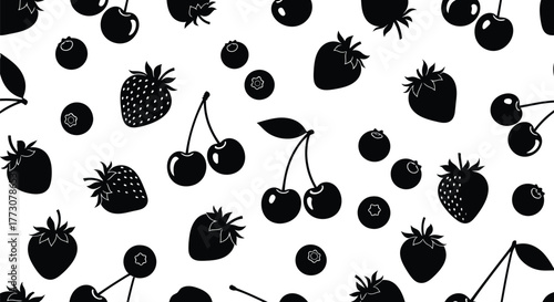 A repeating pattern of black berry, strawberry, and cherry silhouettes on a white background.