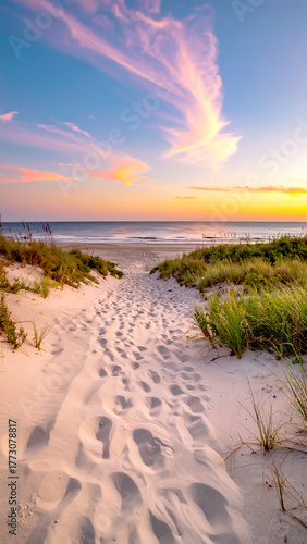 Weg zum Strand, Sonnenunter...