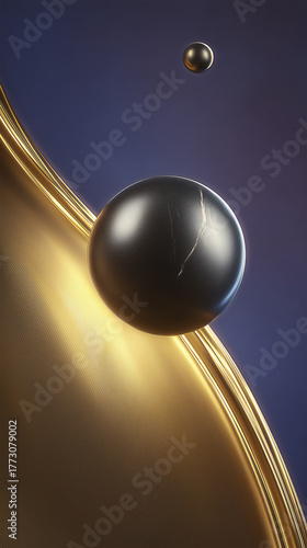 Golden fabric-like surface with suspended dark sphere, symbolizing contrast, luxury, and modern minimal design.