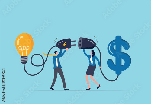 Venture capital or financial support for startup and entrepreneur company, make money idea or idea pitching for fund raising concept, businessman and woman connect lightbulb with money dollar sign.