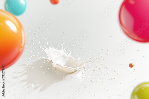 Splash of white liquid among colorful spheres, symbolizing freshness, motion, and modern minimal creative design concept.