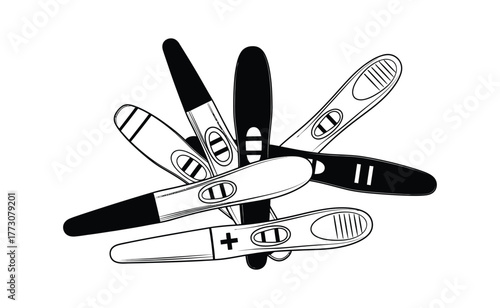 A collection of pregnancy tests, some showing positive results, are scattered in a pile.