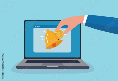 Subscription business model, customer subscribe online service and pay recurring price, membership payment to use software on content concept, customer hand put coin on subscription bell on laptop. 