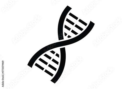 A stylized black and white illustration of a DNA double helix structure against a plain background.