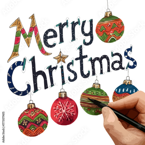 Hand decorating merry christmas ornaments isolated on white background