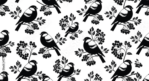 A repeating pattern of black and white bullfinches perched on branches with berries.
