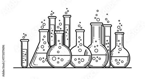 Various glass laboratory flasks and test tubes bubbling with liquid in a scientific illustration.