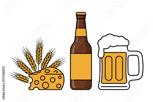 A refreshing beer bottle sits with cheese and wheat, alongside a frothy mug of beer.