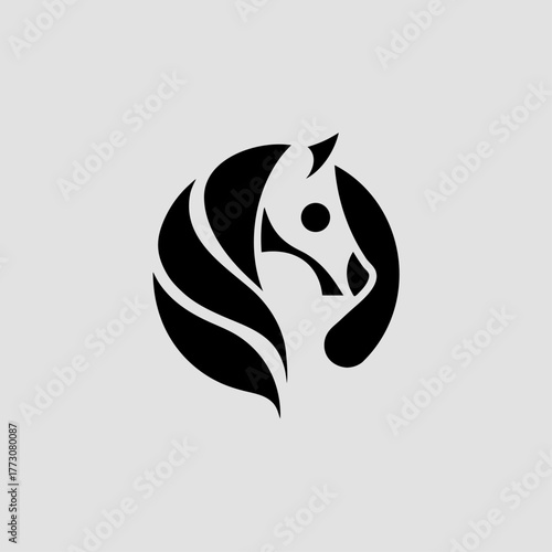 Horse head logo, abstract black geometric glyph symbol for equestrian or sport. Modern stylized animal icon for power or speed.