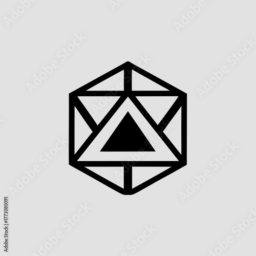 Abstract dice icon, isometric geometric polyhedral symbol, monochrome game design. Black white logo, simple sign for tabletop, rpg. Creative abstract dice icon.