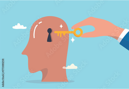 Unlock true potential or motivation to set new mindset, key to success or career achievement, learning or imagination concept, businessman hand putting golden key to unlock potential in human brain.