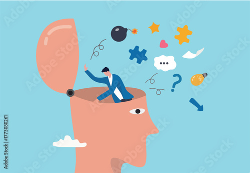 Declutter your mind, clear your brain to regain focus improve creative thinking ability, free up memory concept, ambitious businessman declutter, clean and clear all messy anxiety from his big head.