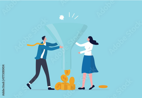 Marketing or sale funnel, conversion rate or customer buying product from advertising campaign, online ads or purchase rate concept, business people marketer holding funnel with flow of purchase money