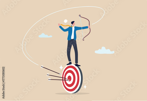 Easy achieve goal, business target, confident or skill to success, challenge for marketing strategy, aiming at goal, perfection or objective concept, businessman easy aim at target bullseye.