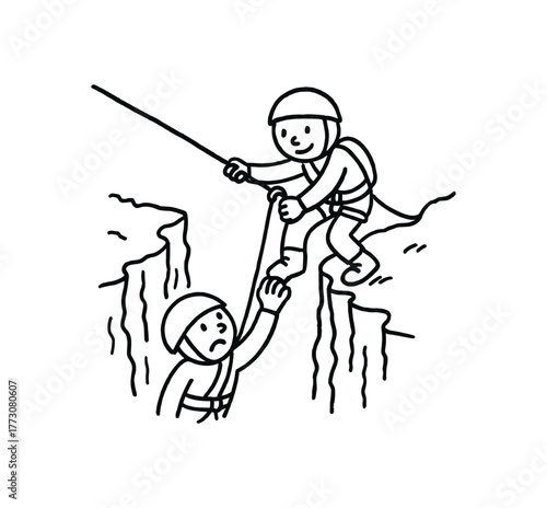 hand drawn cute doodle style crevasse climb rescuer vector line illustration line isolated on white background
