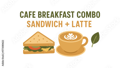 Flat vector banner design text CAFE BREAKFAST COMBO SANDWICH + LATTE supporting icons of sandwich cup and leaf beige and olive palette