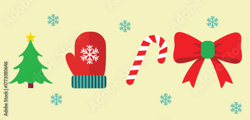 Flat Christmas elements set with tree, mitten, candy cane, red bow, and snowflakes on cream background – festive vector design isolated