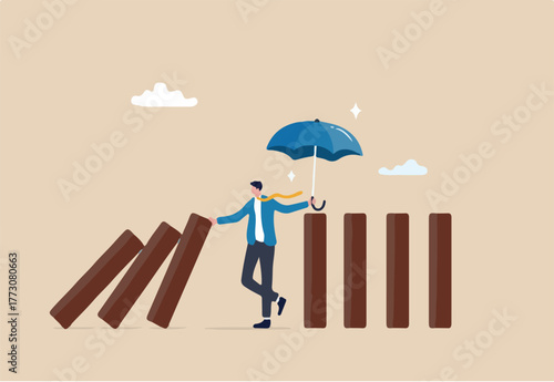 Control risk in investment crisis, failure prevention, stop domino effect, protection or solution to solve problem, stop uncertainty or insurance concept, businessman stop domino collapsing despair.