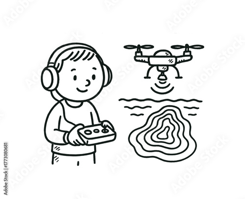 hand drawn cute doodle style bathymetric scan drone pilot vector line illustration line isolated on white background