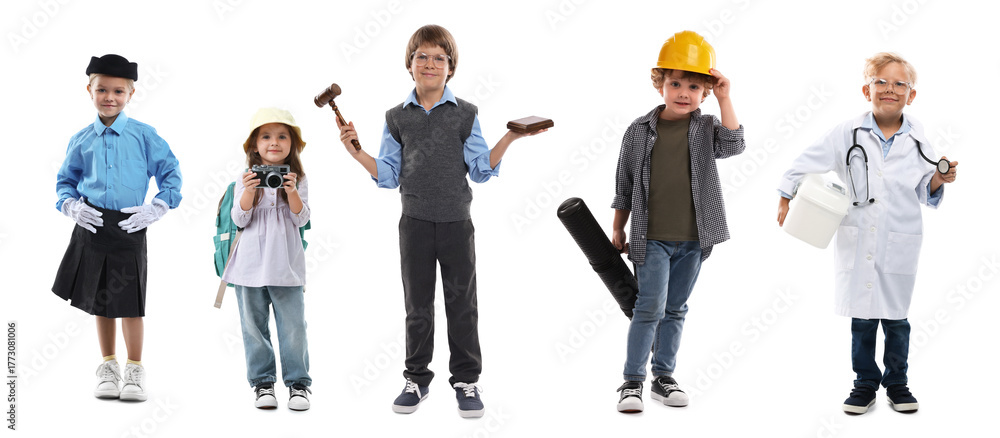 Obraz premium Cute children pretending themselves as workers of different occupations, collage on white background. Choice of profession