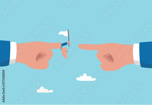 Stop argument, defuse conflict or compromise and negotiation, surrender defer confrontation and politics concept, businessman hand argue pointing each other with one surrender by small white flag.